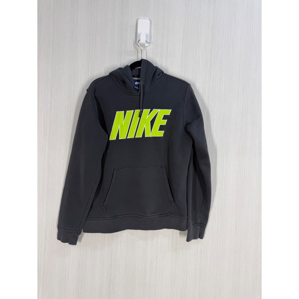 Nike Mens Charcoal Grey Pullover Hoodie Neon Green Logo Graphic Size M